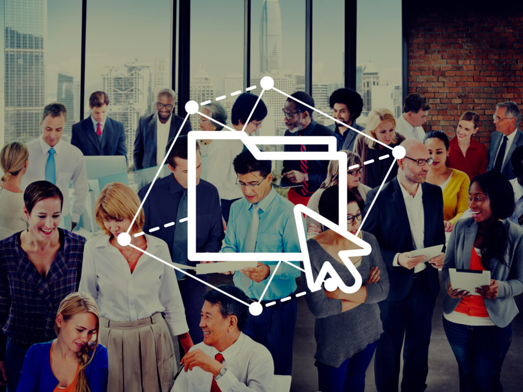 Diverse professionals networking in modern office